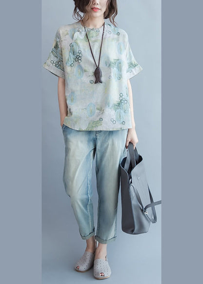 Green Print Linen Blouse Tops Short Sleeve