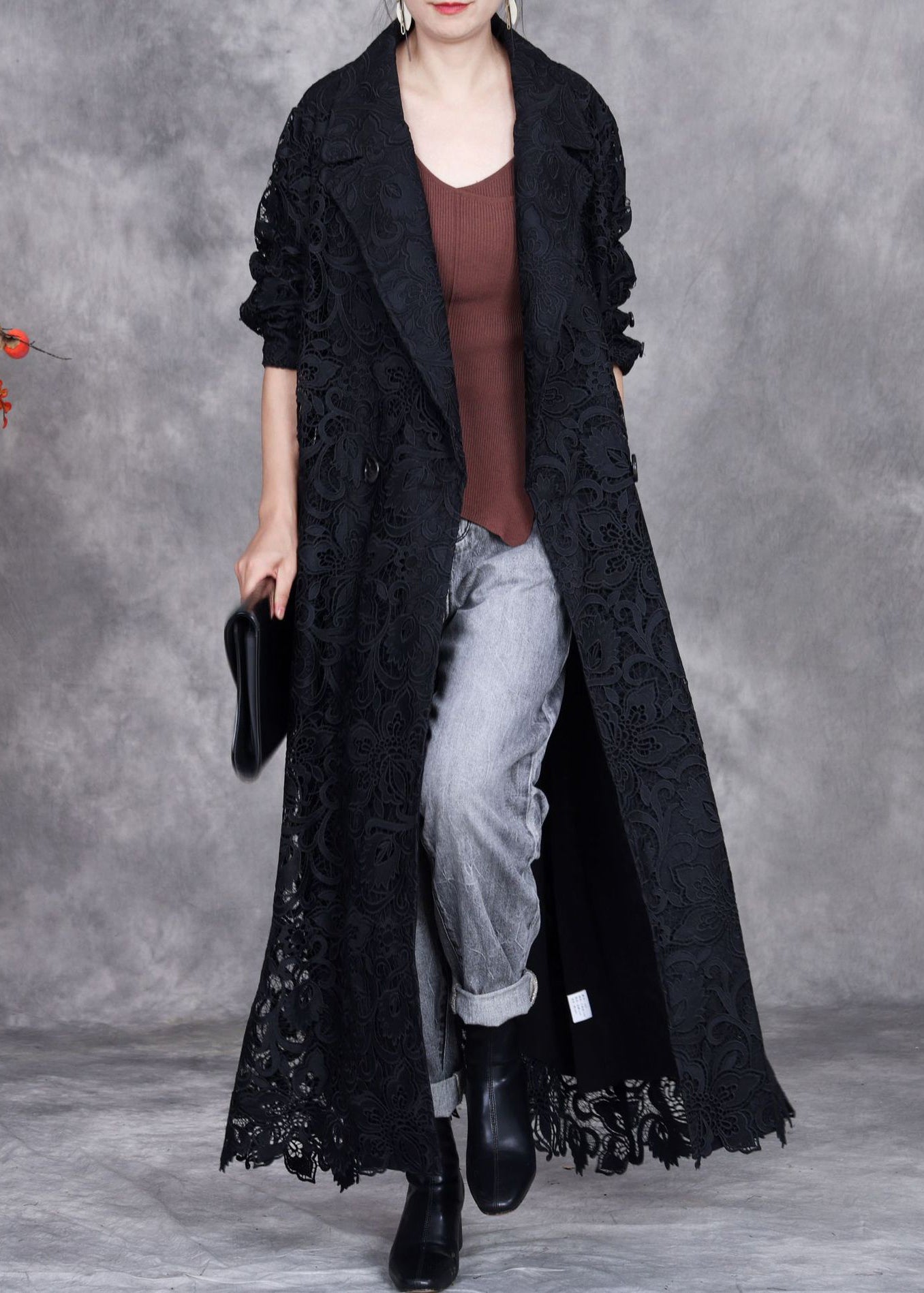 Black Button Lace Trench Coat Peter Pan Collar Fall