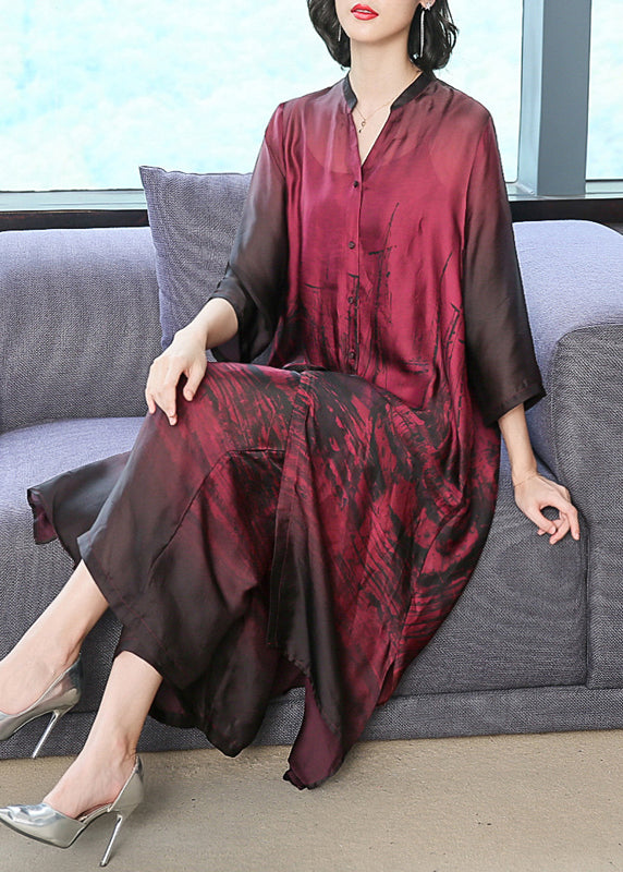 Red V Neck Print Silk Long Shirt Dress and Pants Two Pieces Set Summer