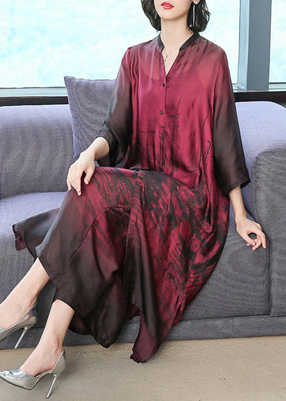 Red V Neck Print Silk Long Shirt Dress and Pants Two Pieces Set Summer