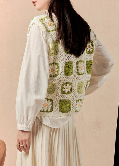 Green Button Hollow Out Knit Waistcoat Sleeveless
