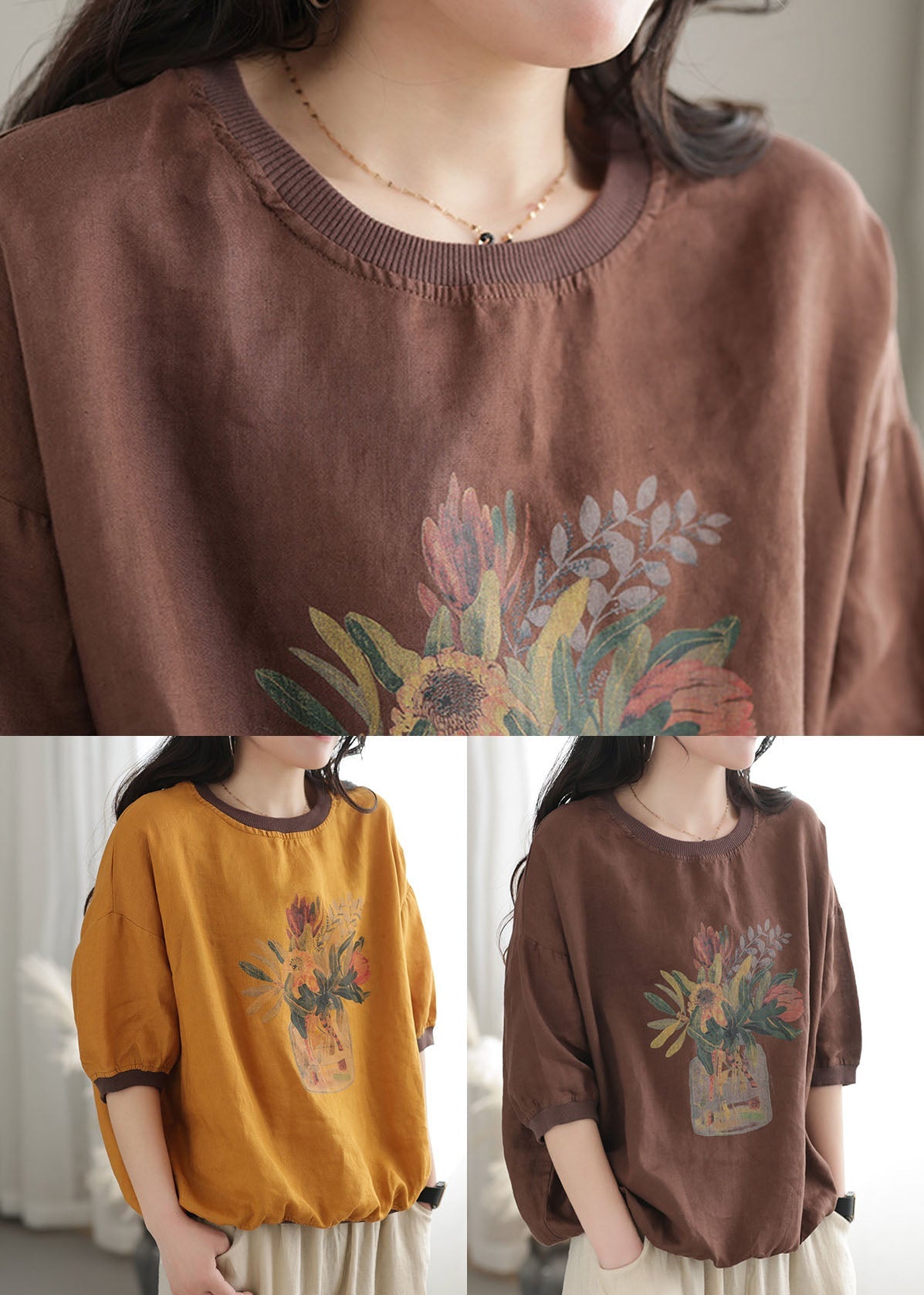 Yellow Oversized Patchwork Print Linen Tank Tops Short Sleeve