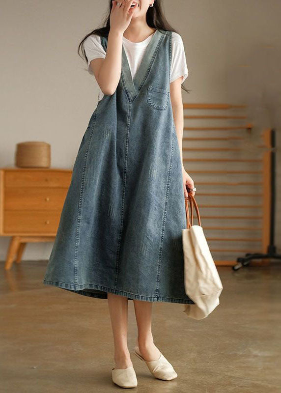 Blue V Neck Patchwork Denim Tank Dress Sleeveless