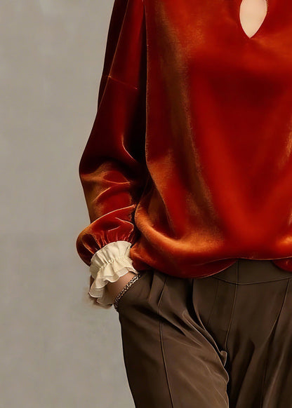 Chinese Style Orange Stand Collar Patchwork Silk Velour Top Petal Sleeve