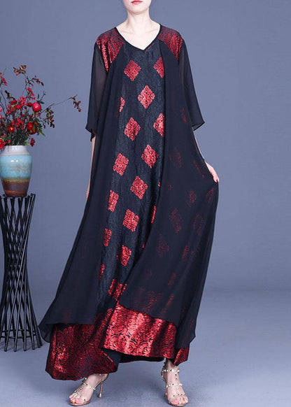 Red Print Patchwork Summer Silk Party Dress