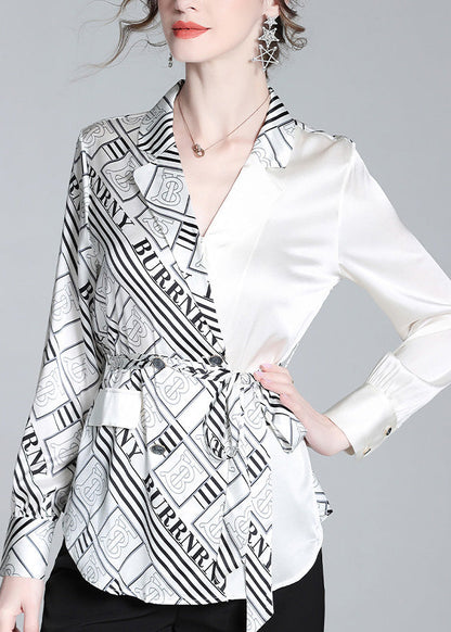 White V Neck Patchwork Print Tie Waist Silk Shirt Long Sleeve