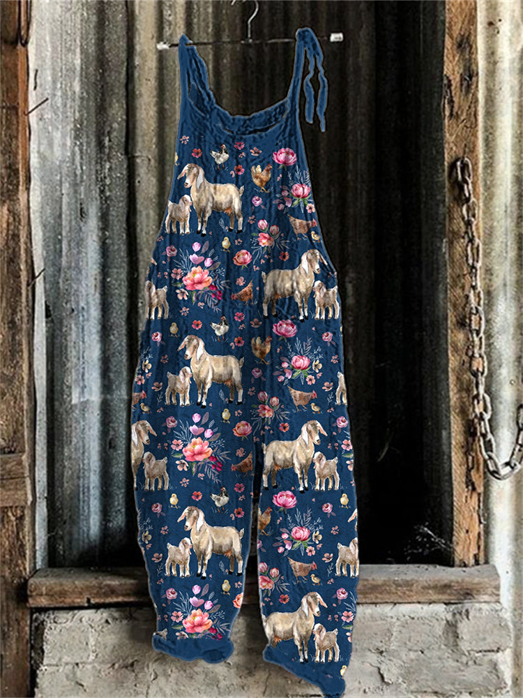 Floral Farm Animals Print Linen Blend Casual Jumpsuit artswardrobe