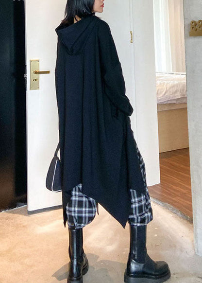 Handmade Black Hooded Drawstring Asymmetrical Design Sweatshirts Top Spring