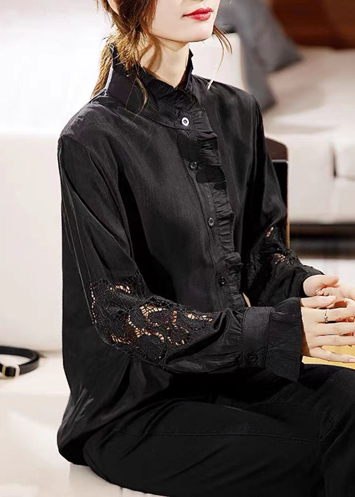 Chocolate Ruffled Hollow Out Chiffon Shirt Long Sleeve