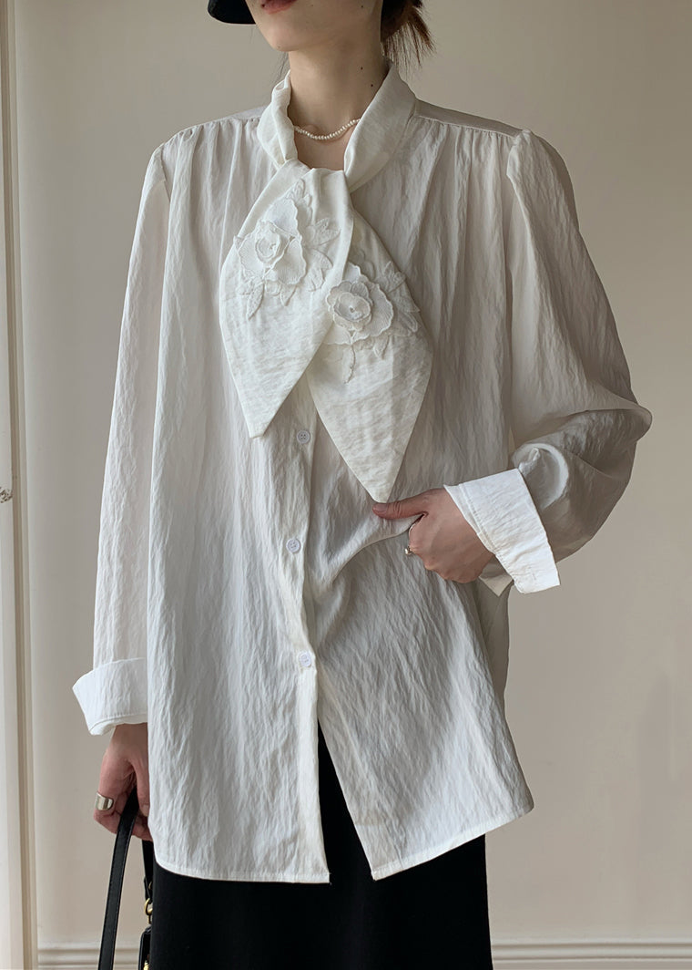 White Bow Button Cotton Blouse Fall
