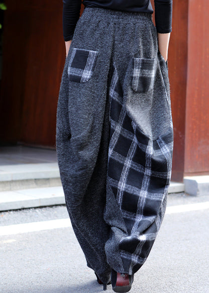 Plaid Patchwork Elastic Waist Lantern Pants Fall