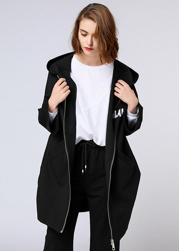 Organic Black Letter Zippered Hooded Pockets Fall Long Coat