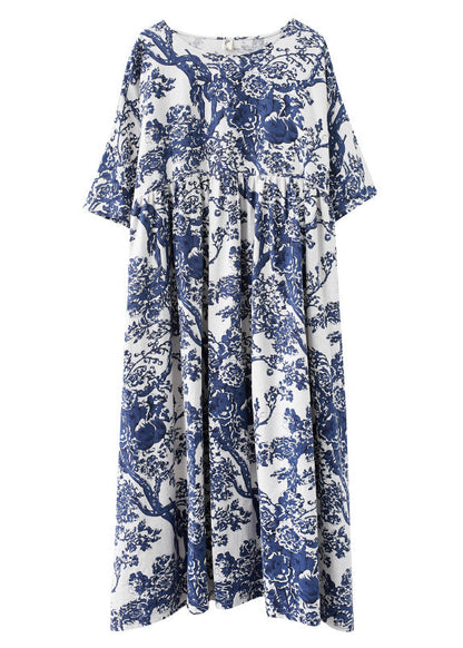 Blue O-neck Print Patchwork Wrinkled Maxi Dresses Summer