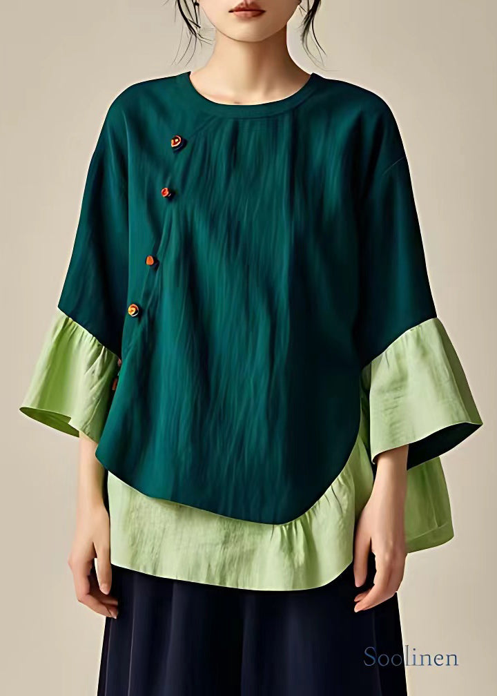 Cozy Green O Neck Button Patchwork Linen Tops Fall