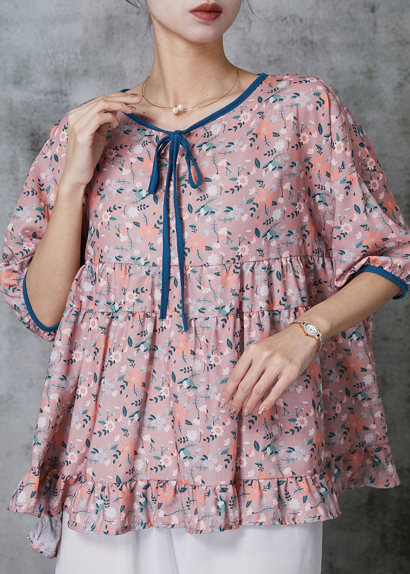 Purple Ruffled Print Cotton Blouses Summer