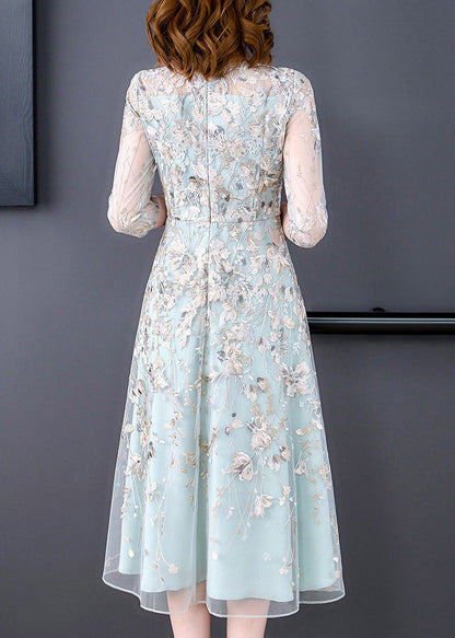 Water Blue O-neck Embroideried Tunic Organza Long Dress Half Sleeve