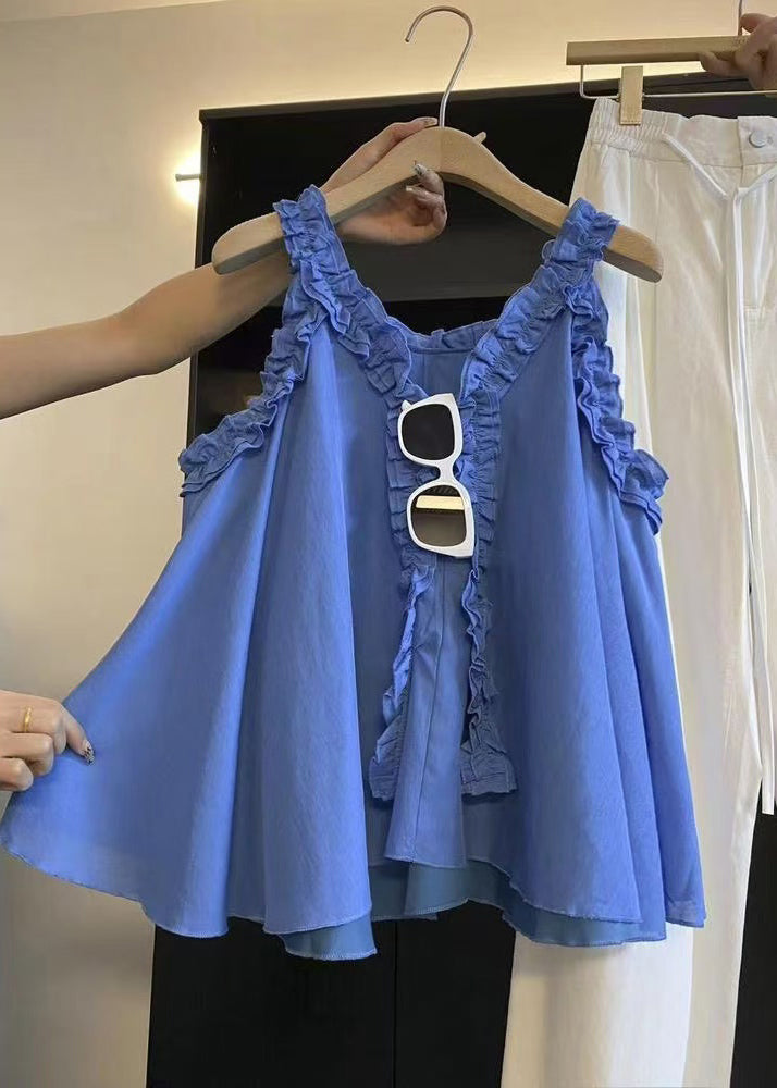 Art Blue Ruffled Cotton Blouse Top Sleeveless