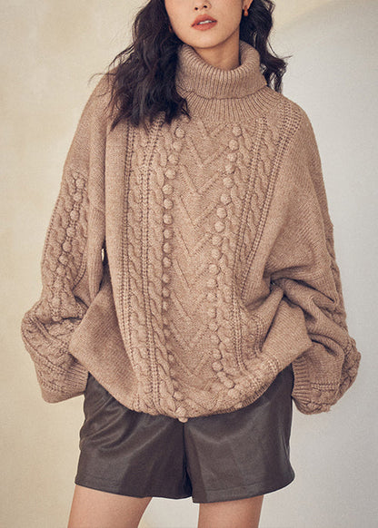 Caramel Turtleneck Patchwork Cable Knit Sweaters Top Fall