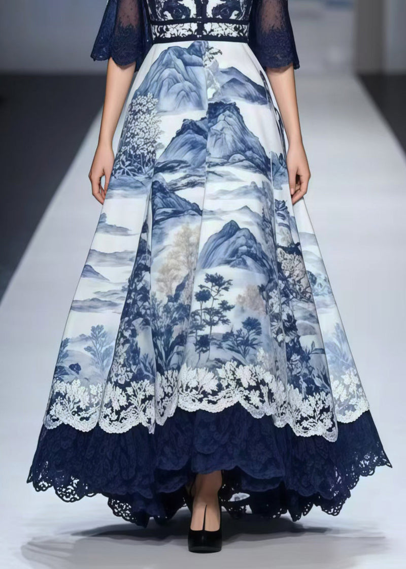 Navy Print Exra Large Hem Chiffon Vestidos Dress Summer