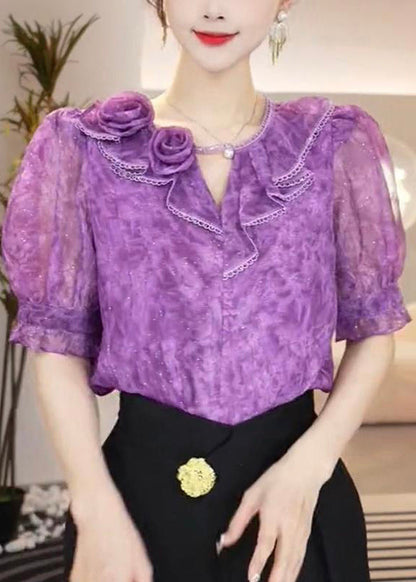 Fitted Purple O Neck Patchwork Chiffon Top Summer