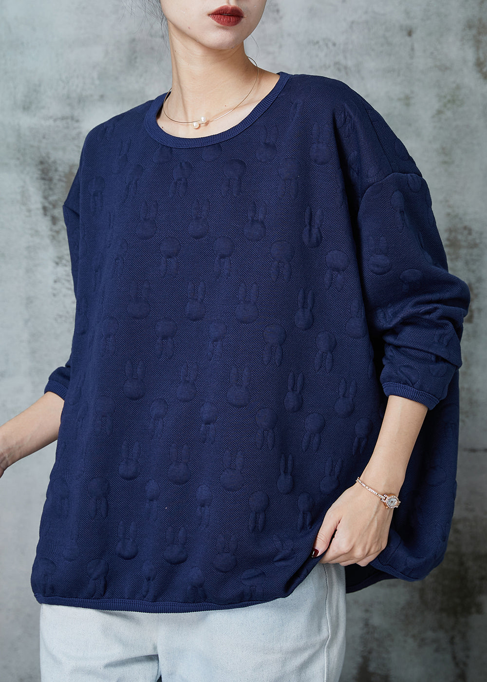 Navy Oversized Jacquard Cotton Pullover Sweatshirt Spring