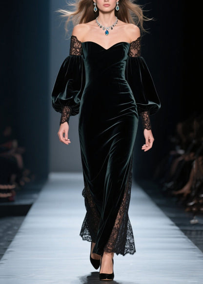 Blackish Green Cold Shoulder Lace Patchwork Velvet Dresses Fall