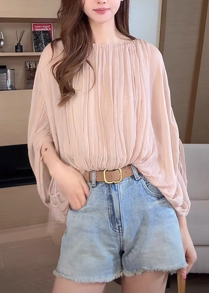 Pink Wrinkled Lace Up Shirts Batwing Sleeve