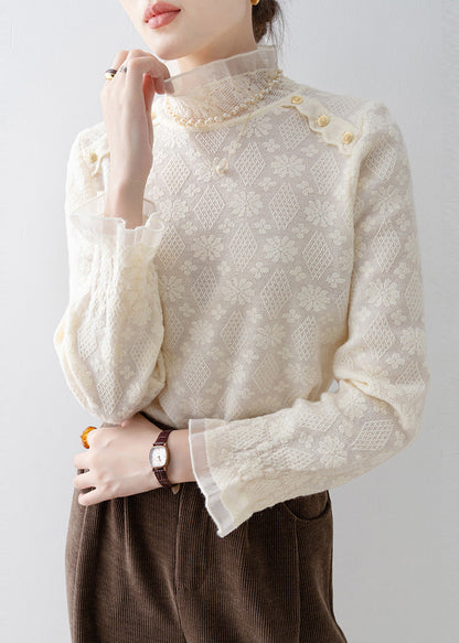 Apricot Stand Collar Jacquard Lace Shirt Top Spring