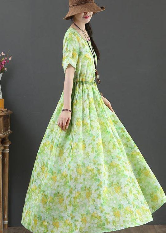 Green Print Linen Tie Waist Summer Dress