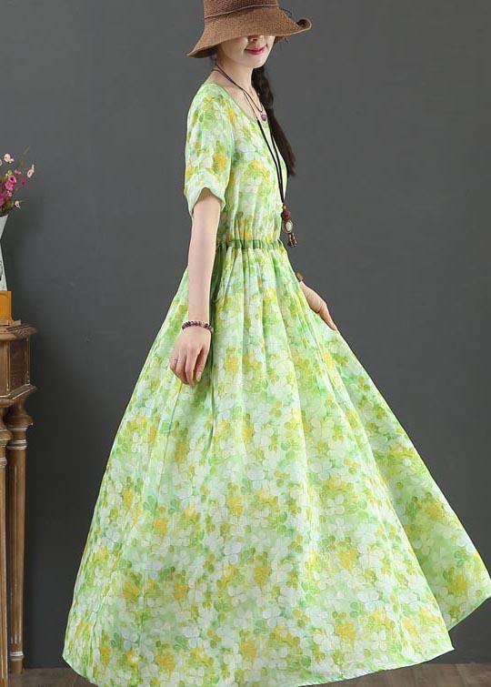 Green Print Linen Tie Waist Summer Dress