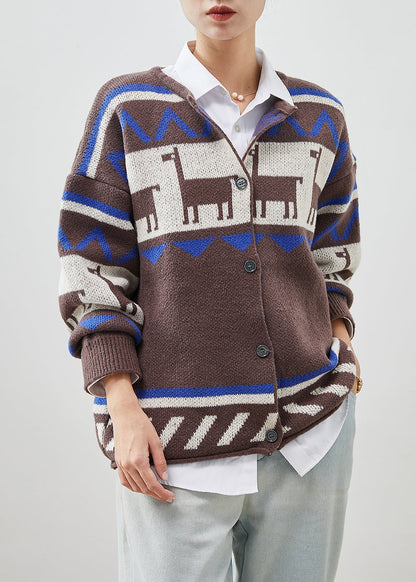 Italian Coffee O-neck Print Knit Cardigans Spring
