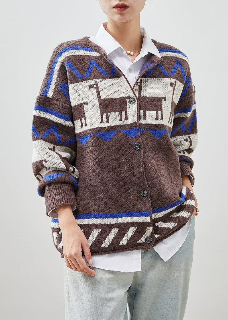 Italian Coffee O-neck Print Knit Cardigans Spring