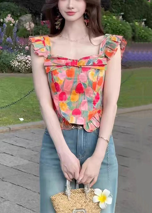 Stylish Square Collar Print Cotton Tops Summer