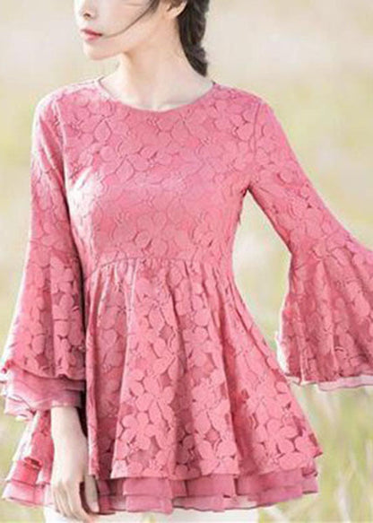 Purple O Neck Lace Ruffled Top Bracelet Sleeve