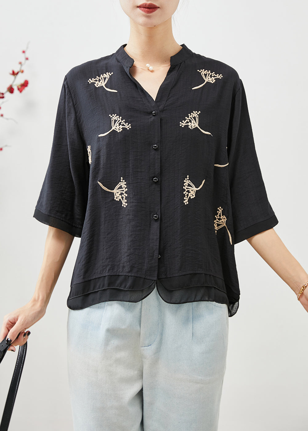 Black Embroideried Patchwork Linen Shirt Top Half Sleeve