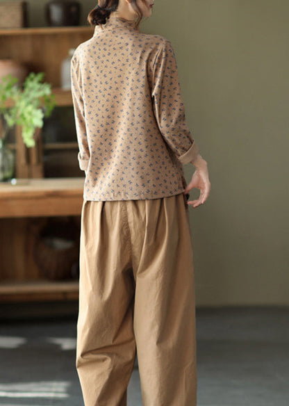 Diy Khaki Asymmetrical Print Cotton Top Long Sleeve