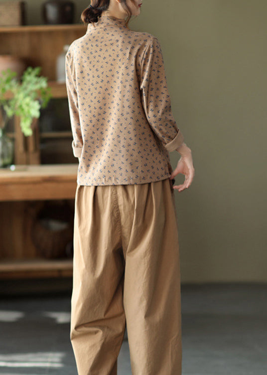 Diy Khaki Asymmetrical Print Cotton Top Long Sleeve
