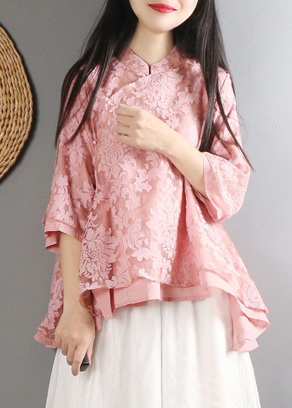 Pink Mandarin Collar Cotton Shirt Top Bracelet Sleeve