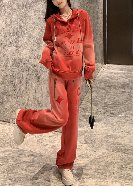 Red Gradient Color Hooded Letter Warm Fleece Two Pieces Set Winter
