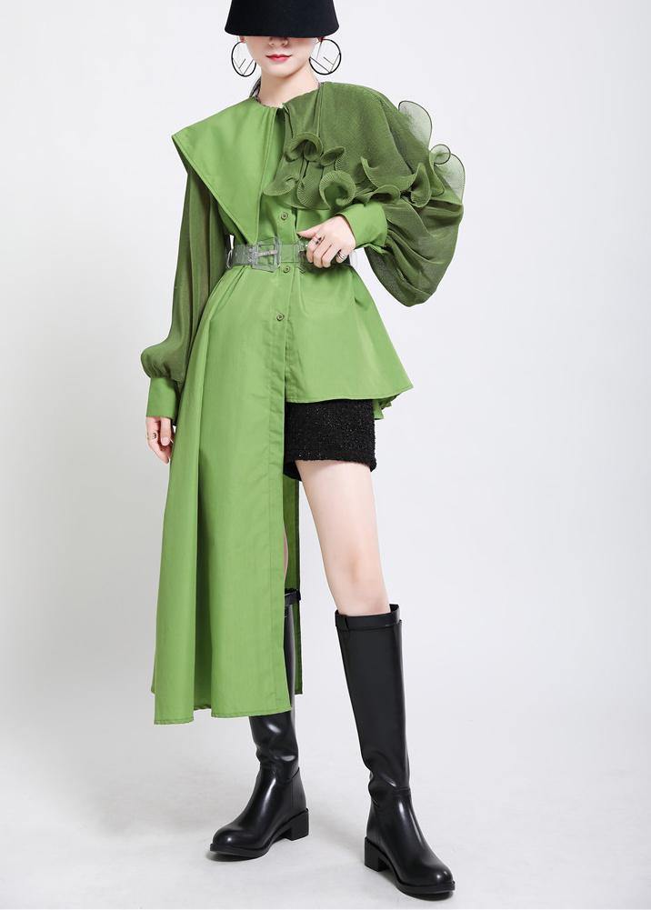 Natural Green Lantern Sleeve Button Chiffon Top