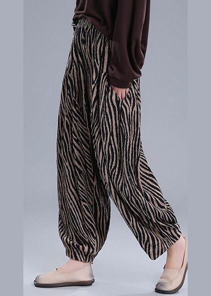 Simple Khaki Striped Pockets Lantern Fall Pants