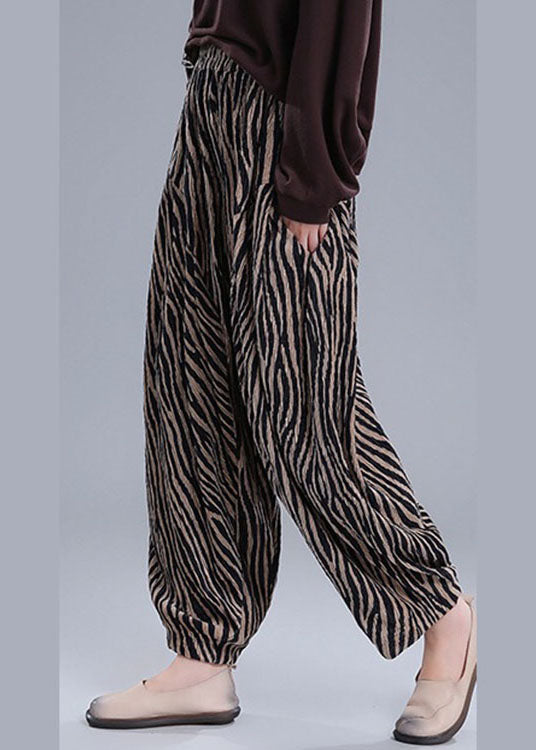 Simple Khaki Striped Pockets Lantern Fall Pants