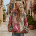 Comstylish Women's Bohemian Floral And Ethnic Pattern Patchwork Cozy Warm Hoodie