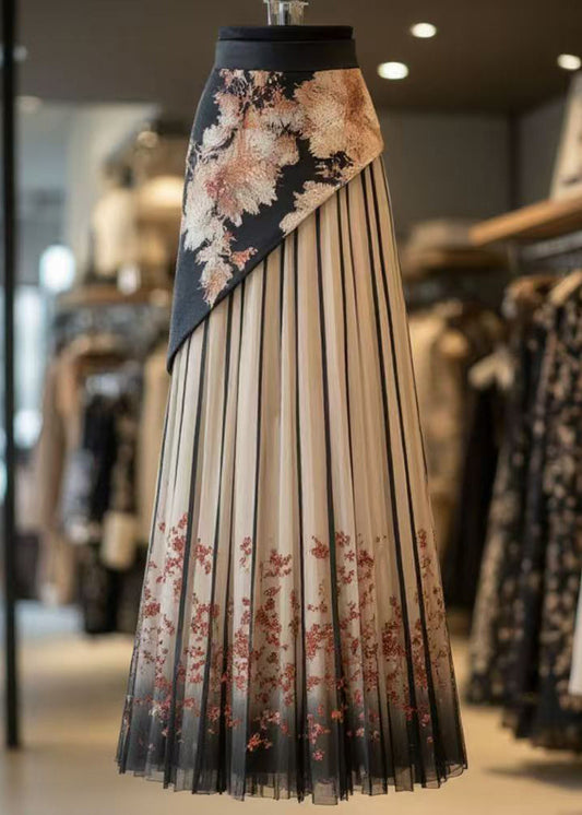 Retro Black Print Wrinkled Patchwork Chiffon Skirts Summer