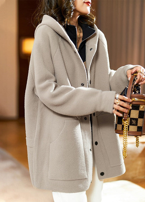 Khaki Hooded Pockets Patchwork Teddy Faux Fur Coat Fall