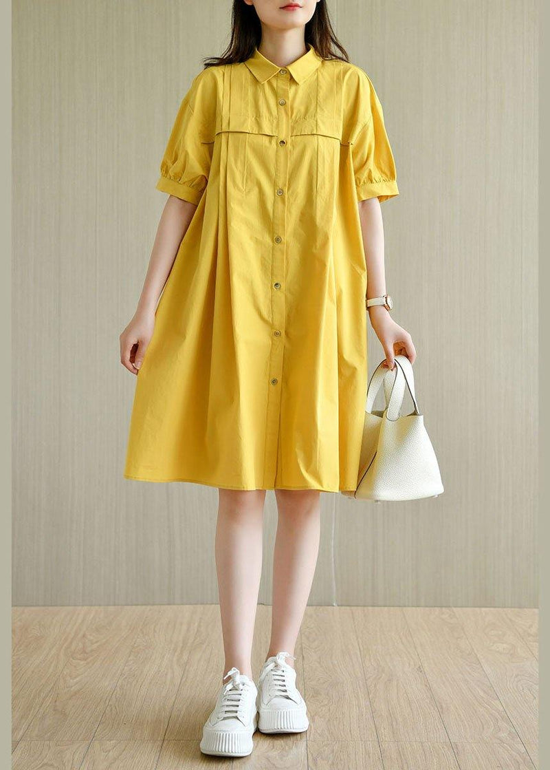 Simple Yellow Loose Peterpan Collar Button Summer Cotton Dresses