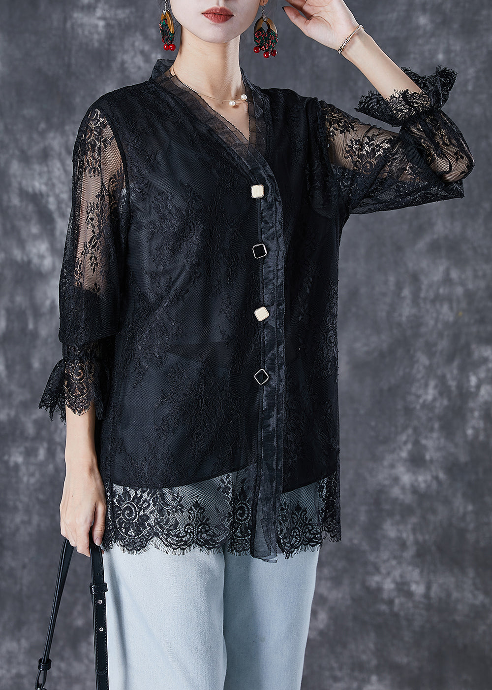 Black V Neck Patchwork Lace Shirt Fall