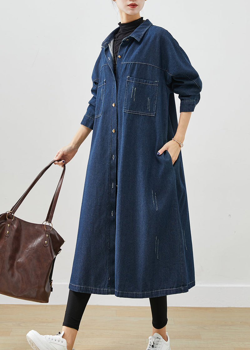Navy Denim Trench Coats Oversized Pockets Spring