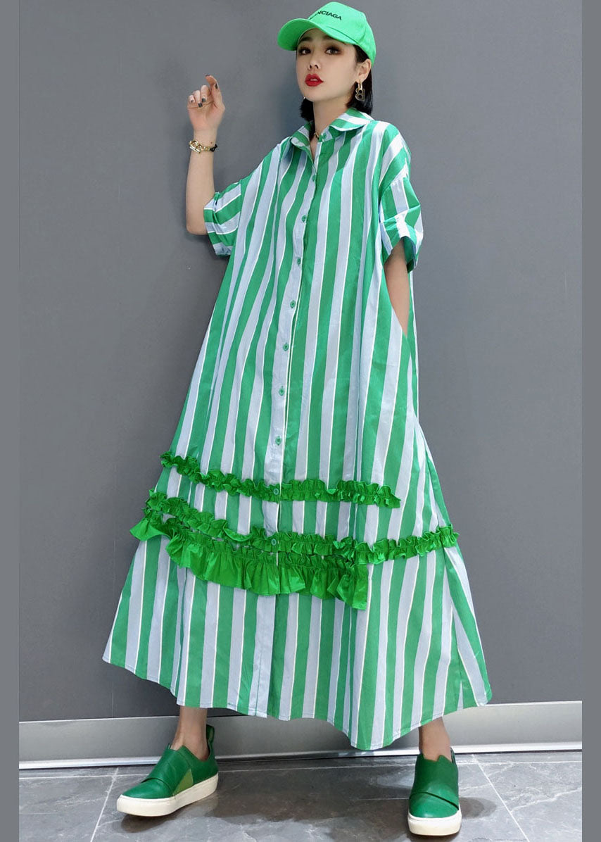 Natural Green Button Ruffled Striped Long Dress Spring