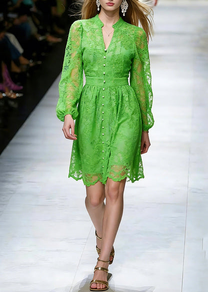 Dinner Green V Neck Lace Patchwork Tulle Mid Dress Spring